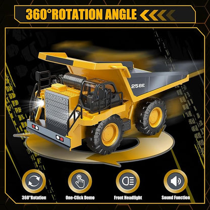 RC Dump Truck Toy for Boys, Remote Control Play Truck Construction Vehicles, 9CH 2.4Ghz Electric Trucks with Metal Bed & Light, 2 Rechargeable Batteries RC Car Toys Kids 3-12 Year Old Birthday Gifts