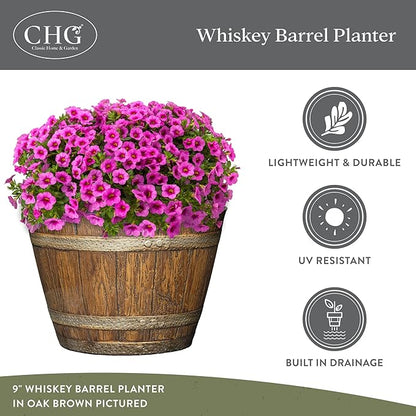 Classic Home & Garden Whiskey Barrel Planters - Wooden Finish Flower Planter Pot - Decorative Garden Pots - Indoor & Outdoor Resin Planters - Weather-Resistant Planting Pots (15” Oak Brown, Pack Of 1)
