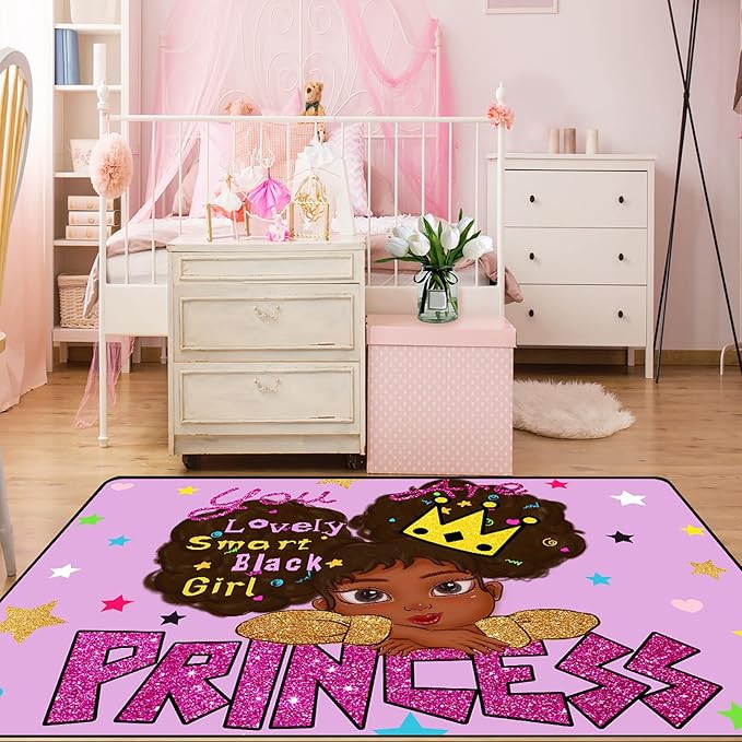 Black Girl Area Rug for Bedroom Cute African American Girls Floor Rugs Black Girls for Bedroom Large Rugs Purple Room Decor for Teen Girls Living Room Rug for Girls Room, 4'5'' × 6'