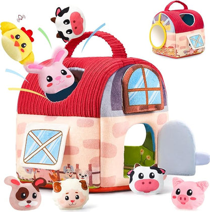 Vanvimen Baby Girl Toys 6-12 Months, Surprise Barn with 12 PCS Stuffed Farm Animals, Montessori Sensory Developmental Learning Toys for 6-12 Months, Ideals 6 7 8 9 Month Old Baby Boy Girl Gifts Toy