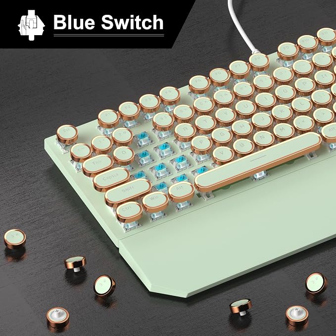 Camiysn Typewriter Style Mechanical Gaming Keyboard, Green Retro Punk Gaming Keyboard with White Backlit, 104 Keys Blue Switch Wired Cute Keyboards, Round Keycaps for Windows/Mac/PC