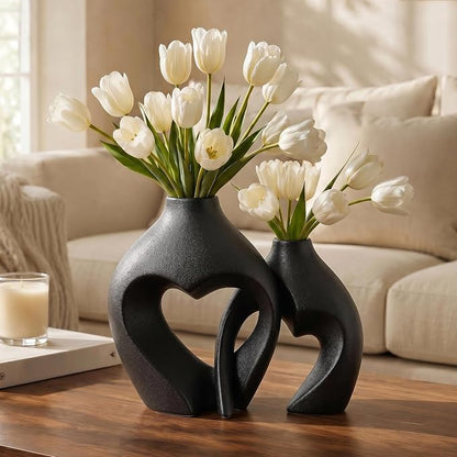 Black Ceramic Flower Vases Home Decor Heart Shaped Vase Set of 2 | Nordic Heart Shaped Vases Minimalist Decorative Vase for Table Centerpiece Wedding Dining Living Room Office House Decoration
