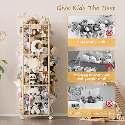 EXPERLAM Stuffed Animal Storage Zoo with Wheels, Montessori-Inspired Solid Pine Wood Plush Toy Organizer, Tall Stuffed Animal Holder with Thick Elastic Cords for Kids Room, Nursery,and Bedroom,Large