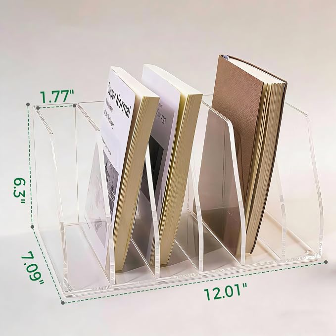 Acrylic Magazine File Holder, 6 Vertical Compartments Desk Document Sorter Organizer, Clear Folder Rack Binder for Office/Home/Classroom, for Documents, Tablet, Magazines, Books & Accessories