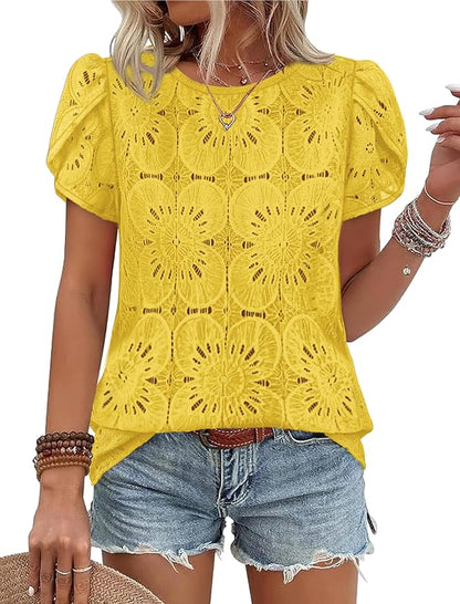 OFEEFAN Blouses for Women Dressy Casual Petal Short Sleeve Shirts Crochet Lace Boho Tops Spring Fashion Summer Outfits