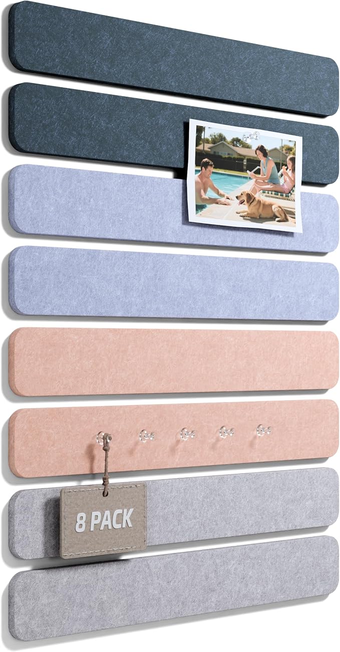Fluxynara 13" x 2" Felt Wall Panels, Heather Grey | 8-Pack Includes 50 Push Pins and Adhesive Tabs for Photos, Notes and Decor in Bedroom Doors, Home Office or Studios