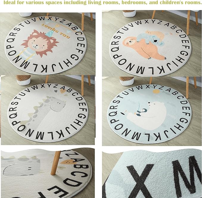 ABC Round Rug for Kids Warm and Soft Alphabet Nursery Animal Area Rugs Fun Rugs for Play Rooms Non-Slip Mats Crawling Mats Decorative Rugs for Bedrooms Living Rooms (Sloth, 31in)