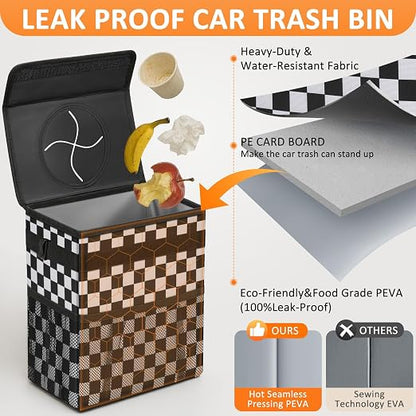 Vankor Car Trash Can Bin with Lid Hanging for Back Seat, Car Accessories for Women Men Leak Proof Automotive Garbage Cans Leakproof Vehicle Trash Can for Truck SUV,Black White Checkered