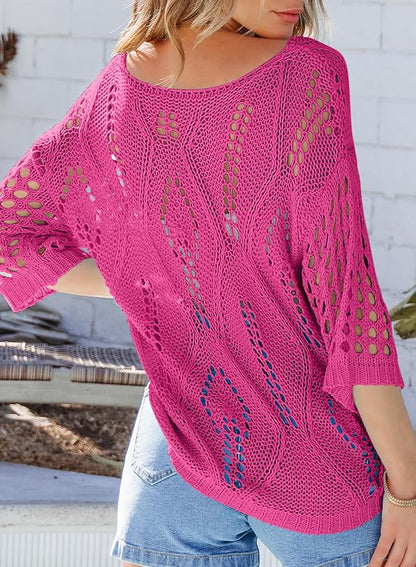 EVALESS Womens Crochet Hollow Out Knit Tops Half Sleeve Spring Summer Sweaters Beach Cover Ups for Women Trendy 2026