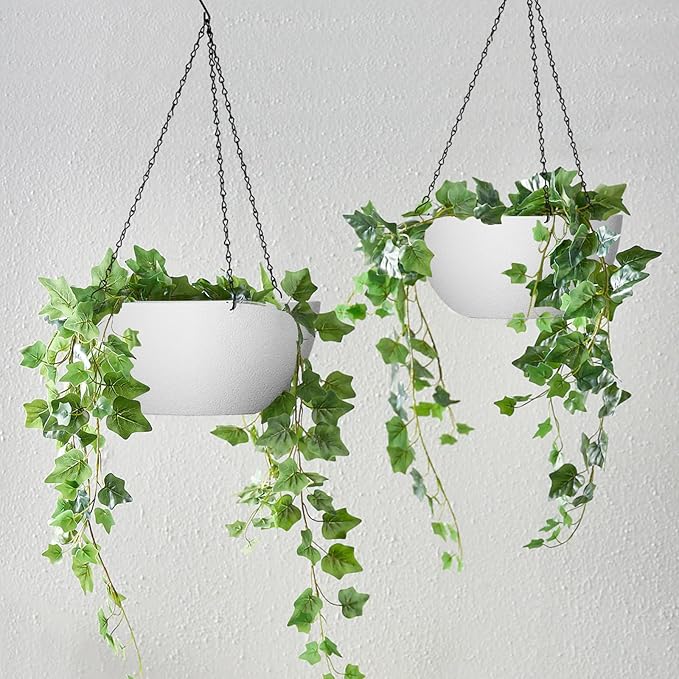 WOUSIWER 13 inch 2Pack Large Hanging Planters for Outdoor Indoor Plants with Drainage Holes and Chain, Round Hanging Flower Pots for Garden Home Porch Decor, White
