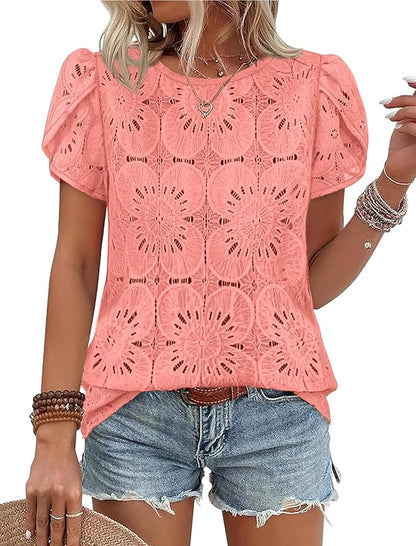 OFEEFAN Blouses for Women Dressy Casual Petal Short Sleeve Shirts Crochet Lace Boho Tops Spring Fashion Summer Outfits