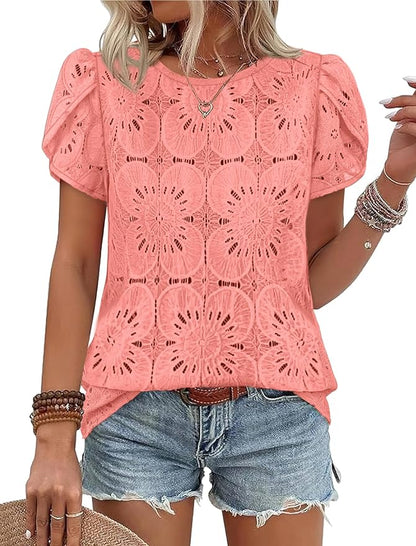OFEEFAN Blouses for Women Dressy Casual Petal Short Sleeve Shirts Crochet Lace Boho Tops Spring Fashion Summer Outfits