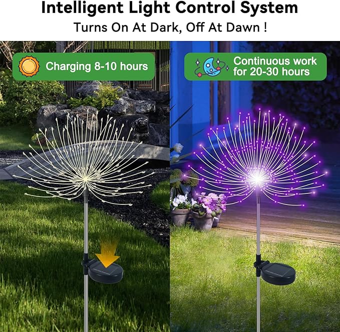 Solar Garden Lights Outdoor Waterproof, 2 Pack 120 LED Solar Firework Lights Decorative Garden Décor Outside for Flowerbed Pathway Party Christmas Decoration, Purple