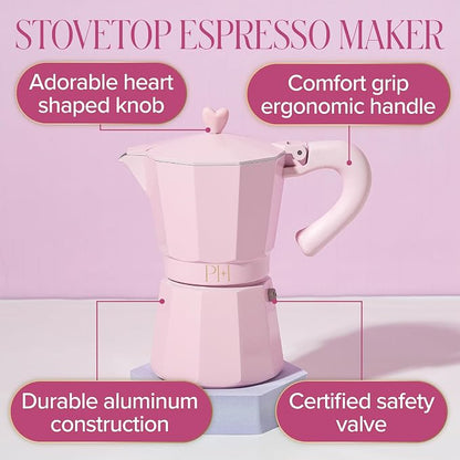 Paris Hilton Stovetop Espresso and Coffee Maker, Italian & Cuban Style Coffee Pot with Iconic Heart Knob, Perfect for Rich Aromatic Espresso, Makes up to 6 Espresso Cups, Pink