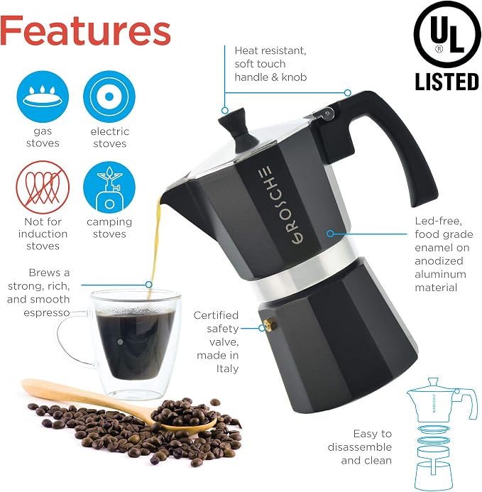 GROSCHE Milano Stovetop Espresso Maker Moka Pot 3 espresso Cup - 5 oz, Black - Cuban Coffee Maker Stove top coffee maker Moka Italian espresso greca coffee maker brewer percolator | Cuban Coffee Maker And Italian Moka Pot For Stovetop Espresso; For Gas...