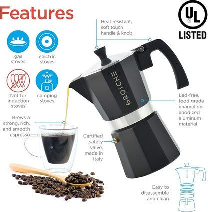 GROSCHE Milano Stovetop Espresso Maker Moka Pot 3 espresso Cup - 5 oz, Black - Cuban Coffee Maker Stove top coffee maker Moka Italian espresso greca coffee maker brewer percolator | Cuban Coffee Maker And Italian Moka Pot For Stovetop Espresso; For Gas...
