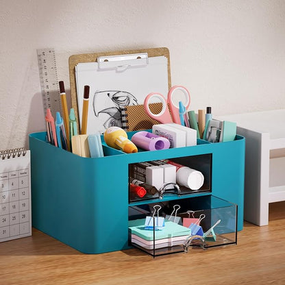 Marbrasse Pen Organizer with 2 Drawer, Multi-Functional Pencil Holder for Desk, Desk Organizers and Accessories with 5 Compartments + Drawer for Office Art Supplies (Dark Green)