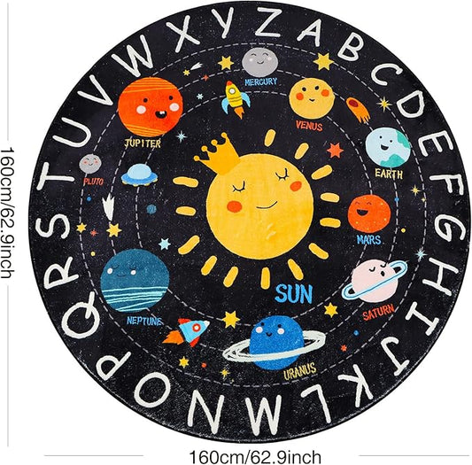 Round ABC Kids Rug,5.2 Ft Soft Circle Alphabet Playroom Rug,Washable Non-Slip Solar System Kids Play Rug,Space Educational Rug Kids Carpet for Classroom Playroom Bedroom Kids Room Decor
