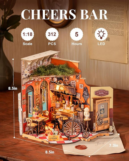 Rolife DIY Miniature House Kit for Adults, Cheers Bar Mini Wooden Dollhouse 1:18 Tiny Building Diorama Mini Model House Kits Birthday Craft Hobbies Gift Home Decor for Friends Family