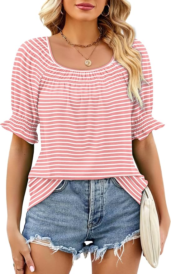 WIHOLL Womens Short Sleeve Square Neck Summer Tops Dressy Casual Blouses Trendy Clothes 2026