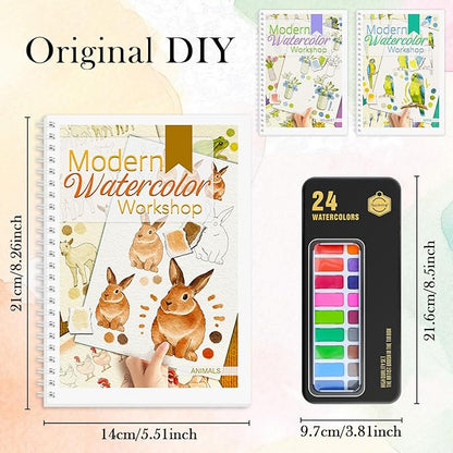 3Pcs Watercolor Workbook Paint Book Beginner Friendly Painting Kit, 36 Pages Workbooks with 24 Paint Colors & Brush for Beginners, Stress-Relieving Gift for Women Adults (Bouquet&Animals&Birds)