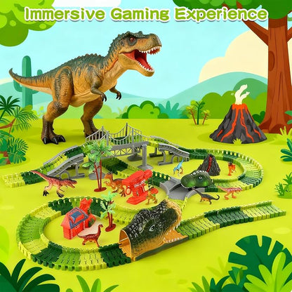 Dinosaur Toys Race Track for Boys 3-5 5-8 Year Old, Flexible Train Tracks Set with LED Light Up Dino Car, Dinosaur World Adventure Toys, STEM Birthday Gifts for Toddlers Kids Age 3 4 5 6 7