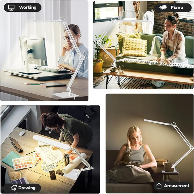 SKYLEO LED Desk Lamp with Slim Base - Adjustable Swing Arm Desk Light, Dimmable, Timer, Eye Protection, Memory Function, 1300LM, 12W, White