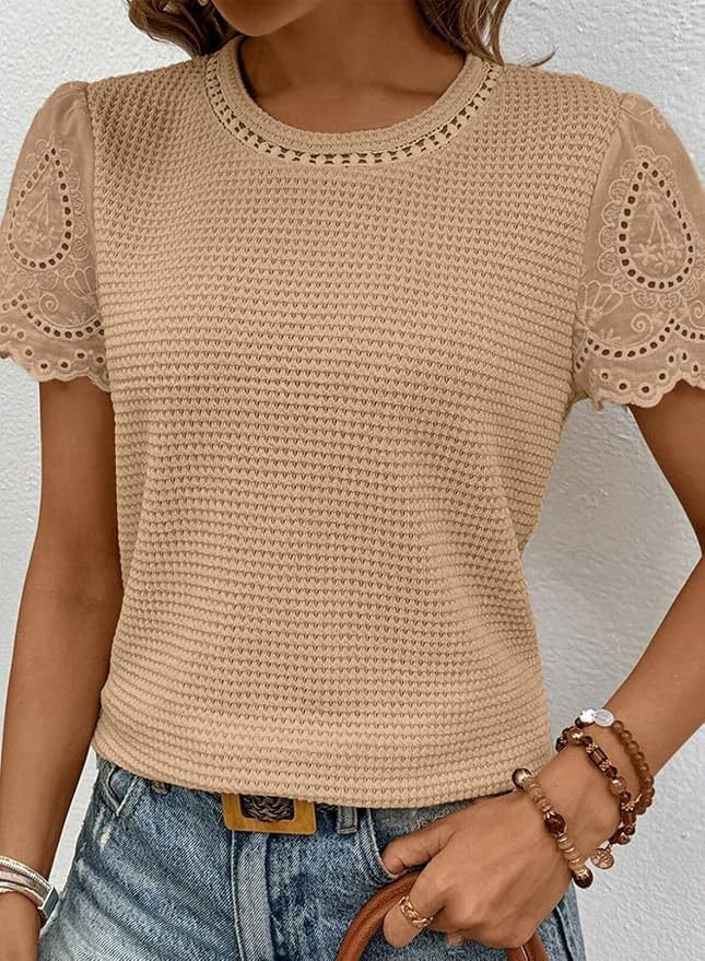 SHEWIN Womens Frenchy Summer Tops Crewneck Short Sleeve T Shirts Casual Waffle Knit Jacquard Blouses Top Shirts
