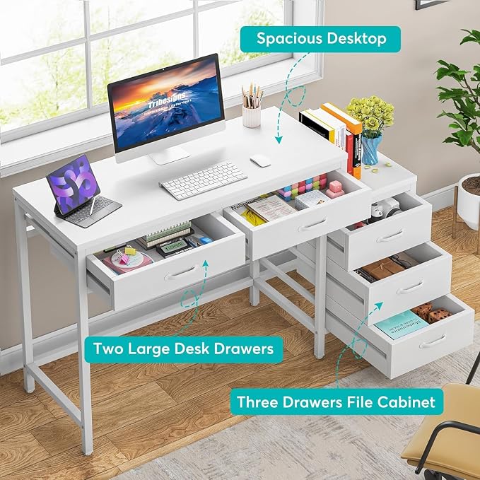 Tribesigns Computer Desk with 5 Drawers, Reversible Home Office Desks | Small Desk with Drawer Cabinet Printer Stand, PC Desk with Storage, White Study Writing Table Workstation for Small Spaces