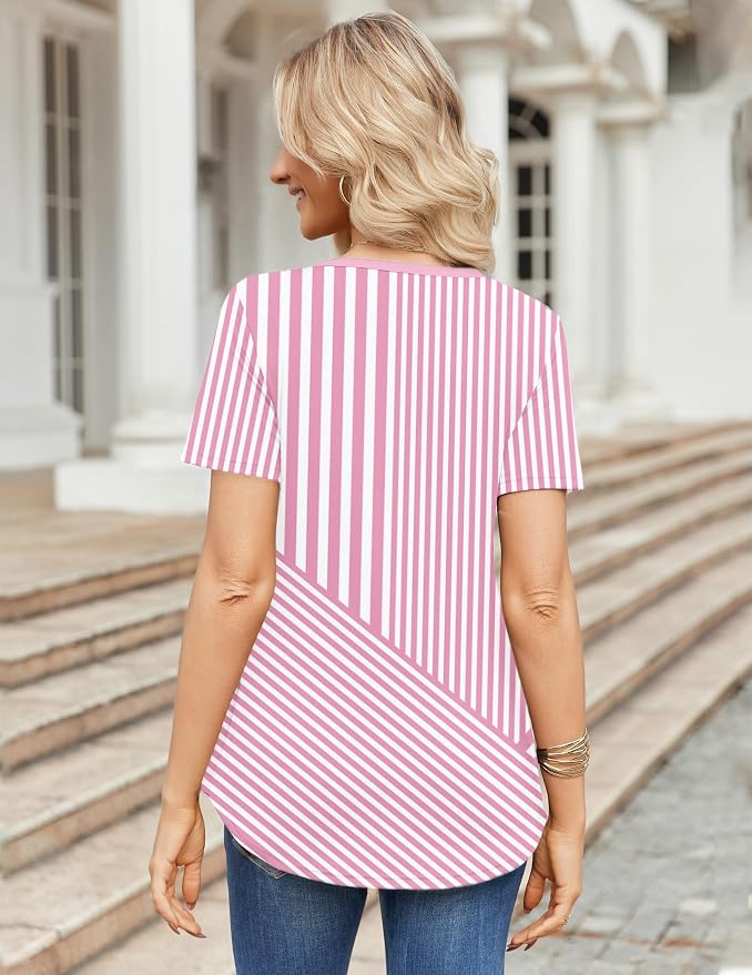Zeagoo Womens Short Sleeve Tops Summer Henley V-Neck Tshirts Casual Pleated Blouse Dressy Loose Floral Basic Tee