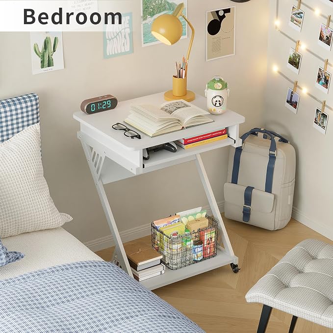 ALISENED Computer Desk for Small Spaces Compact Desk with Keyboard Tray | 23.6" Z-Shaped, with Wheels and Bottom Shelves, for Home Office, Computer Cart Mobile Laptop Cart, White