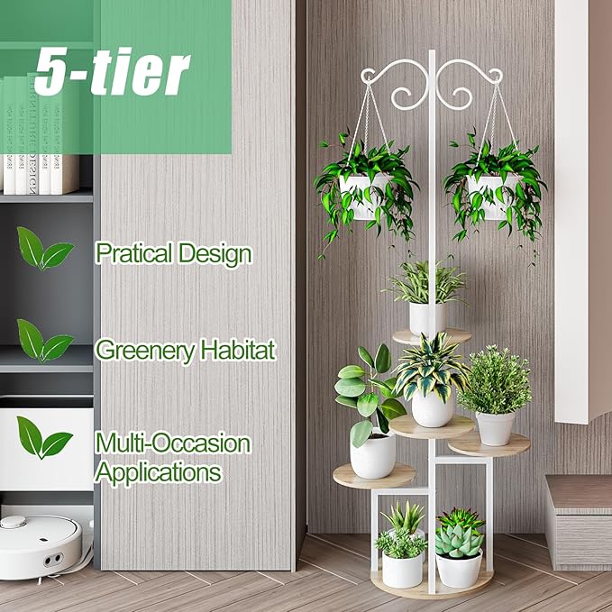 Plant Stand Indoor 5 Tier 8 Potted with hook hanging basket Multiple Flower Pot Holder for Patio Garden Balcony Living Room Corner (5 Tier with hook White+Sonoma Oak)