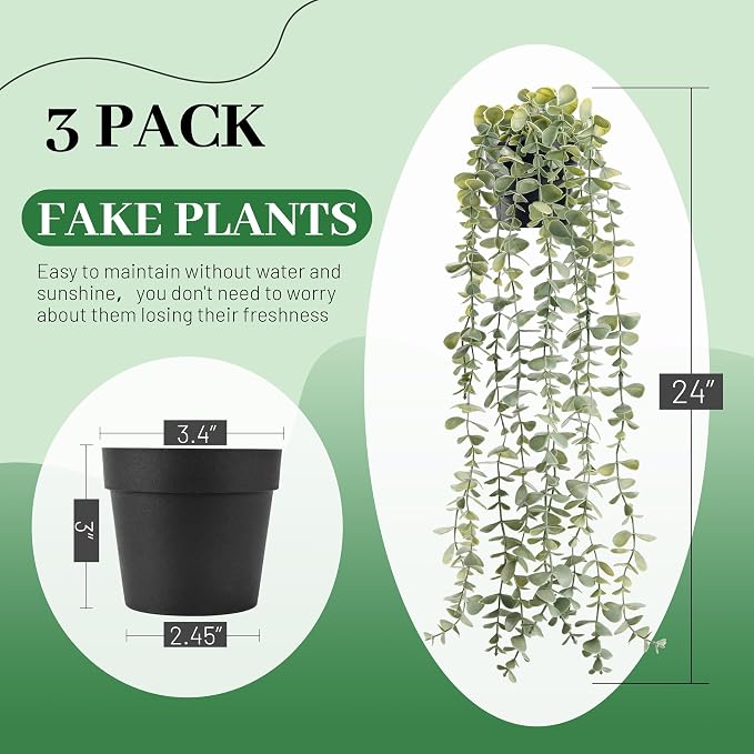 Der Rose 3Pcs Fake Plants Hanging Artificial Decor Faux Potted Eucalyptus Plants for Boho Bathroom Home Office Desk Wall Shelf Bookcase Accessories Decor Indoor