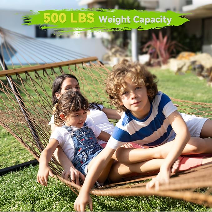 Double Hammock for 2 Person, Handwoven Rope Hammock with Spreader Bar - Indoor & Outdoor Use for Patio, Poolside, Backyard (Brown)