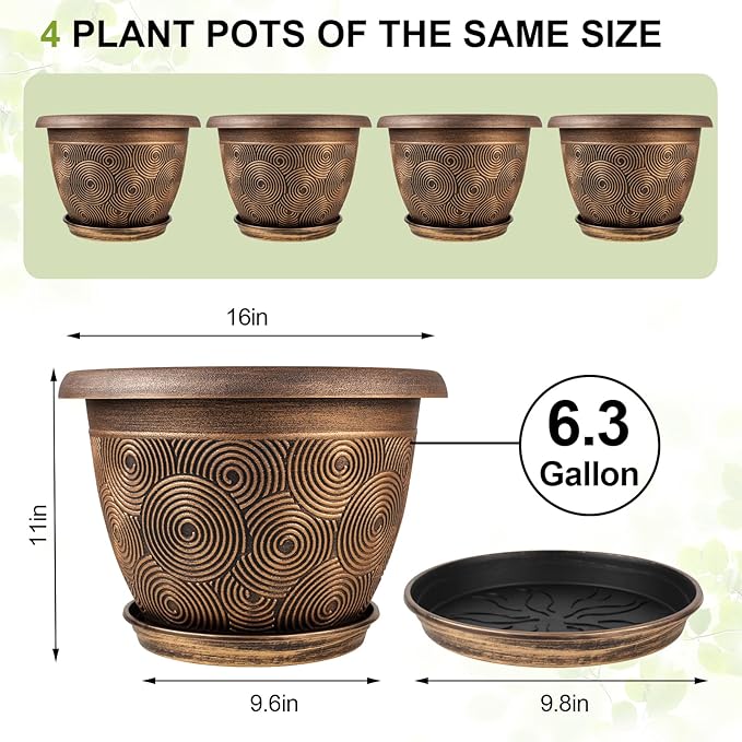 16 Inch Large Planter Pot for Plants Indoor Outdoor, 4 Pack Plastic Flower Pots with Drainage Hole & Tray, Modern Decorative Garden Pot with Saucer, Plant Container for House