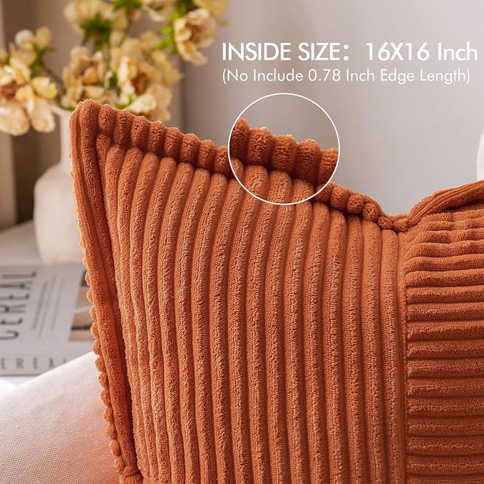 MIULEE Fall Rust Decorative Throw Pillow Covers for Couch Bed Livingroom 16x16 Inch Set of 2 Boho Accent Throw Pllows Broadside Striped Patchwork Soft Corduroy Pillowcases, Terracotta