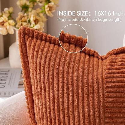 MIULEE Fall Rust Decorative Throw Pillow Covers for Couch Bed Livingroom 16x16 Inch Set of 2 Boho Accent Throw Pllows Broadside Striped Patchwork Soft Corduroy Pillowcases, Terracotta