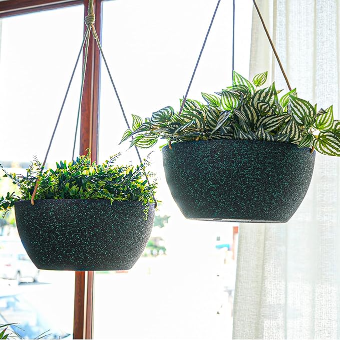 13 Inch 2 Pack Large Hanging Planters for Indoor Outdoor Plants, Plastic Hanging Basket Pots for House Plants Flowers, Black Speckles
