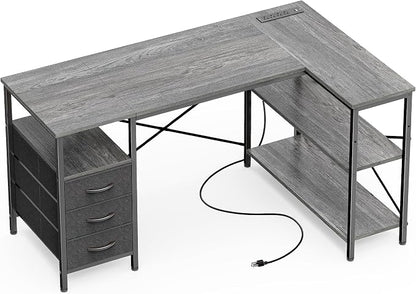 Huuger L Shaped Office Desk with Power Outlets, 47 Inch Computer Desk with 3 Drawers, Shelves, for Gaming, Corner Work, Home Office, Study, Grey