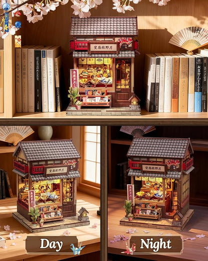 Book Nook Kit - DIY Miniature Japanese Fan House, 3D Wooden Puzzle Dollhouse with LED Lights, Tiny Bookend & Creative Bookshelf Decor, Crafts Gifts for Adults