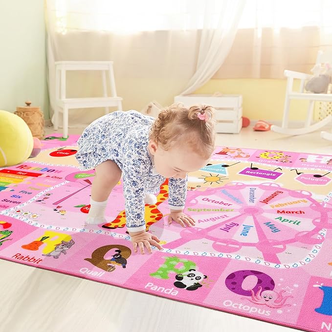 Kids Rug 5x7 Pink Rugs for Girls Bedroom Playroom Child Play Mat Educational and Fun Baby Care Rugs,Learning Rug with ABC Alphabets Animals Shapes No-Slip Carpets for Children Toddler Washable
