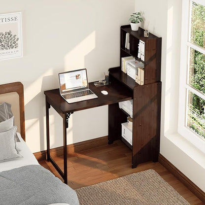 Bamboo Folding Desk with Bookshelf, Foldable Desk for Small Spaces, Brown | Space-Saving Computer Desk with Storage, Compact Size, Writing Study Table for Home Office, Bedroom, Dorm, Apartment