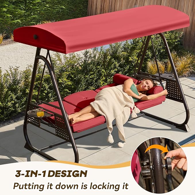 3 in 1 Outdoor Porch Swing with Adjustable Canopy, 3 Seat Outdoor Swing for Adults, Patio Swing Chair with Thickened Cushions,Pillows & Cup Holders for Backyard, Porch, Garden (Wine Red)