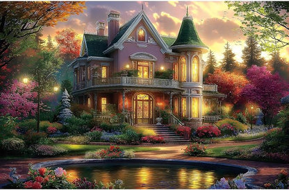 Victorian House Sunset 500 Piece Puzzle for Adults - Jigsaw Puzzles with Autumn Flowers & Scenic Landscape - Lakeside Cottage Challenging Puzzles for Adults & Seniors Gift (23"x15")