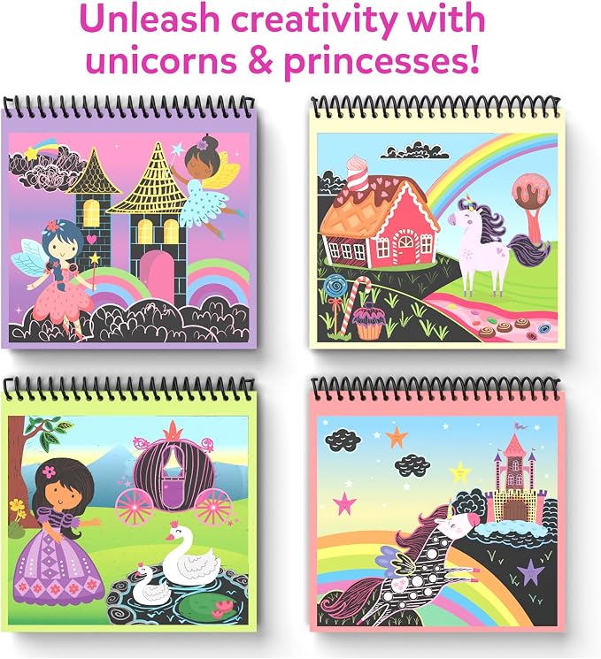 Skillmatics Scratch Art Book for Kids - Unicorns & Princesses, Craft Kits & Supplies, 30+ Scratch Stickers, Travel Toys, DIY Kit, Gifts for Girls & Boys Ages 3, 4, 5, 6, 7, 8