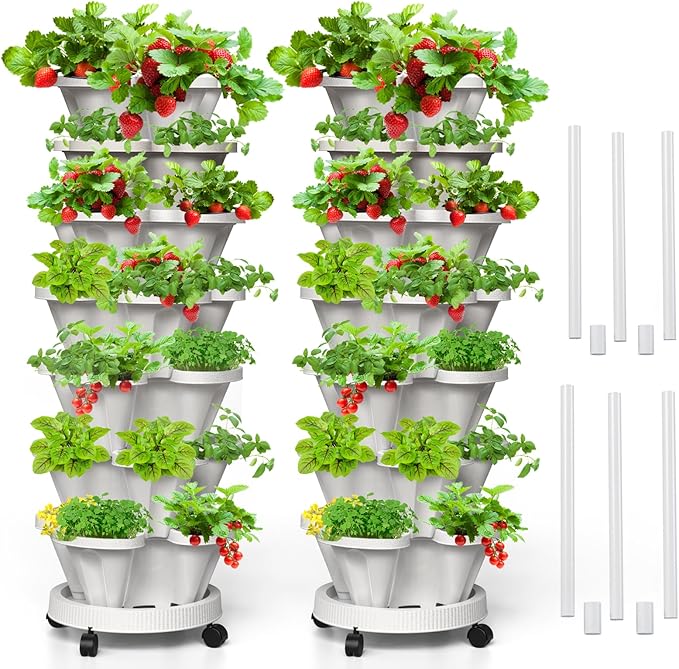 7 Tiered Strawberry Vertical Planters, 2 Pack Stacking Tower Garden with Support Pole, Stackable Herb Vegetable Planters Indoor Outdoor White