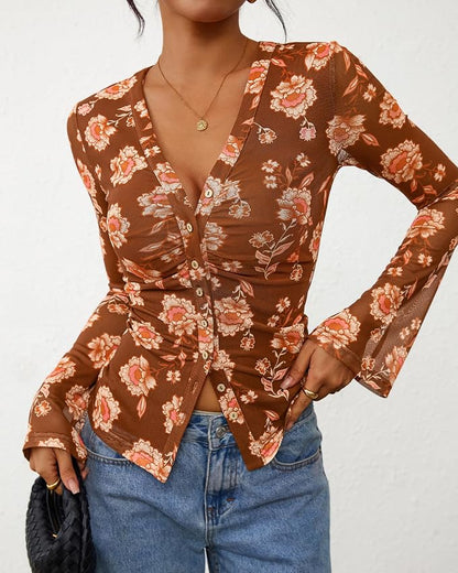 BTFBM Button Down Shirts for Women 2026 Fall Boho Tops V Neck Long Sleeve Blouses Ruched Mesh Fitted Fashion Clothing