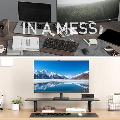 AFOOYO Dual Monitor Stand for Desk, Adjustable Height Wood Computer Riser, Ergonomic Monitor Shelf for Laptop, Printer, TV, Black - Large Storage Space, Sturdy Desk Organizer for Home & Office,Black