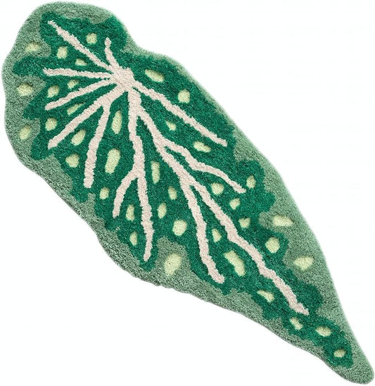 Begonia Non Slip Bath Mat or Kitchen Tufted Rug, Plant Leaf Shaped Kids Pets Floor Mat Carpet, Green, 45.3" x 16.3"