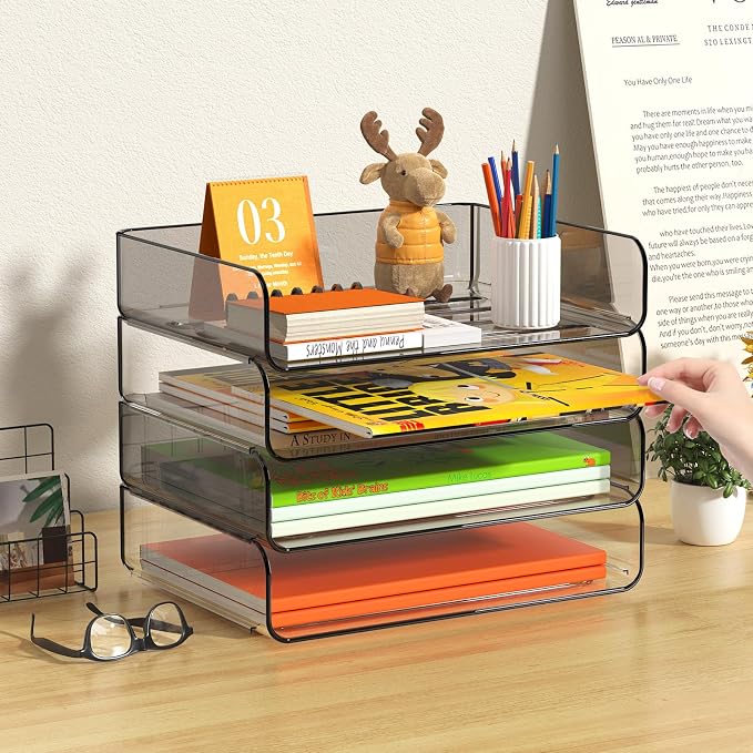 FANXIYQ 4-Tier Acrylic Paper Tray Organizer, Clear & Brown Paper Organizer | Stackable, Tool-Free Design with 2-4 Tiers for A4 Paper, Files, Books and Mail; Ideal for School, Home Office and Study Room